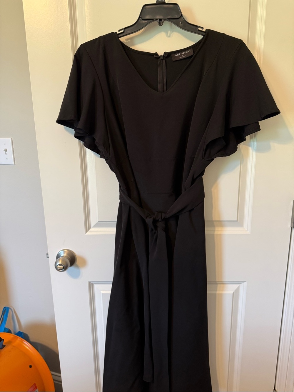 Lane Bryant Black V-Neck Midi Dress with Tie Waist and Flutter Sleeves